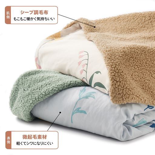 (上から) アイボリー・グレー ※アイボリーは完売しました。<br>裏側はもこもこシープ調毛布、表側はなめらかな微起毛素材を使用。