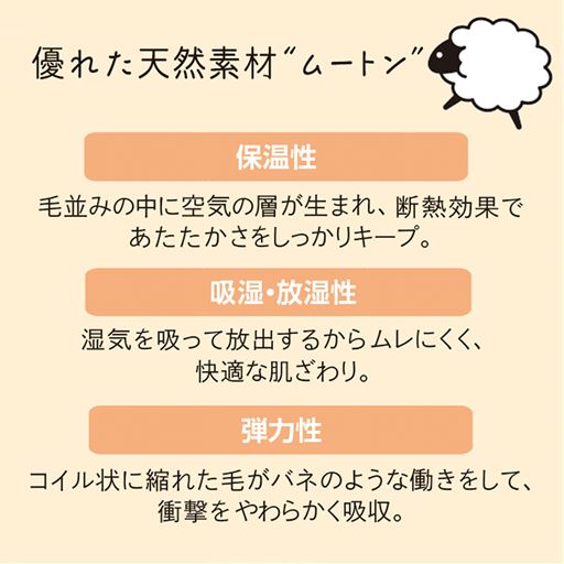 ムートンは保温性・吸放湿性・弾力性に優れた天然素材です。