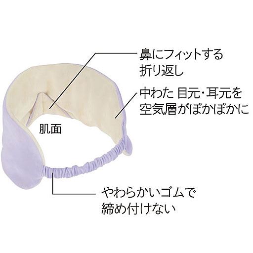鼻にフィットする折り返し 中わた 目元・耳元を空気層がぽかぽかに やわらかいゴムで締め付けない