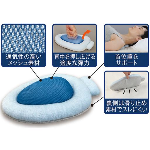 通気性の高いメッシュ素材 背中を押し広げる適度な弾力 首位置をサポート 裏側は滑り止め素材でズレにくい