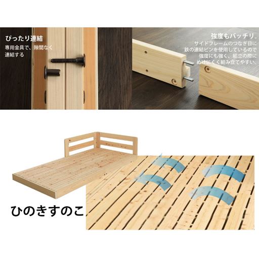 専用金具でしっかり連結します。<br>ひのき材を用いた床板は、すのこ形状でさらに通気性アップ。