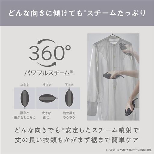 どんな向きに傾けてもスチームたっぷり!(ブラック系の販売はありません)