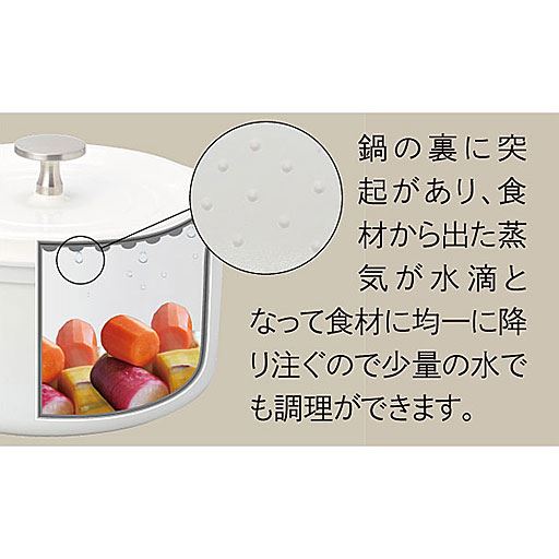 鍋の裏に突起があり、食材から出た蒸気が水滴となって食材に均一に降り注ぐので少量の水でも調理ができます。
