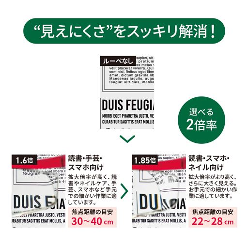 見えにくさをスッキリ解消してくれる、選べる2倍率!