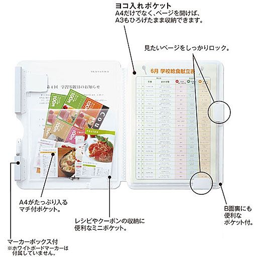 様々な紙類を収納・閲覧できる多様なポケット。