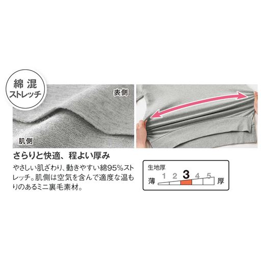 さらりと快適、程よい厚みでやさしい肌ざわりの、動きやすい綿95%ストレッチ。肌側は空気を含んで適度な温もりのあるミニ裏毛素材。