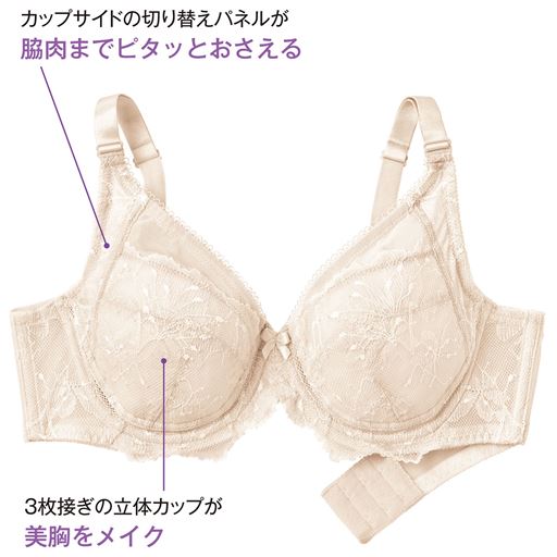 美シルエットを叶えるヒミツ<br>(1)カップサイドの切り替えパネルが脇肉までピタッとおさえる<br>(2)三枚接ぎの立体カップが美胸メイク
