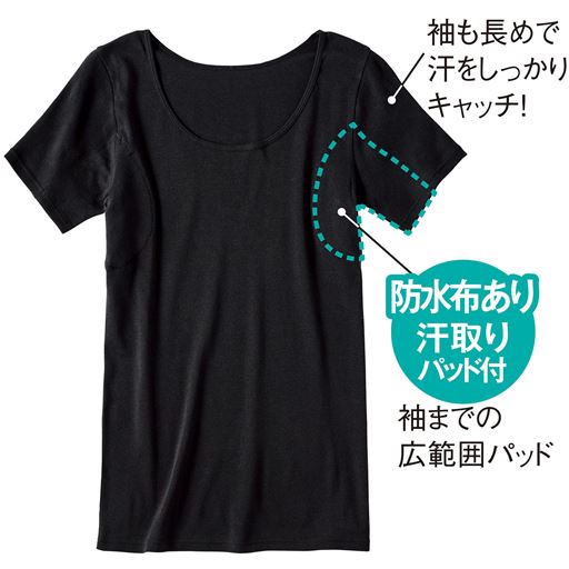 ブラック (1)袖も長めで汗をしっかりキャッチ!(2)防水布あり汗取りパッド付 袖までの広範囲パッド