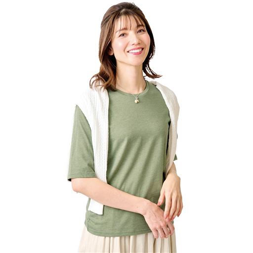 シンプルクルーネックTシャツ(5分袖)(洗濯機OK)