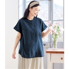 麻調バンドカラーブラウス(洗濯機OK)