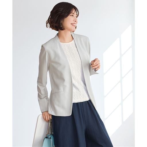 麻調ジャージノーカラージャケット(接触冷感・UVカット・洗濯機OK・シワになりにくい)