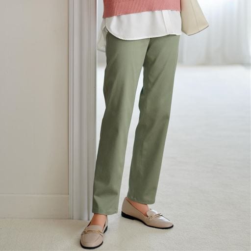 綿サテンストレッチストレートパンツ(洗濯機OK)