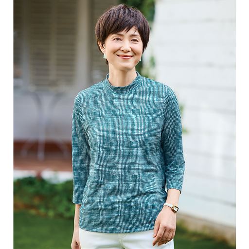 格子柄七分袖涼感プルオーバー
