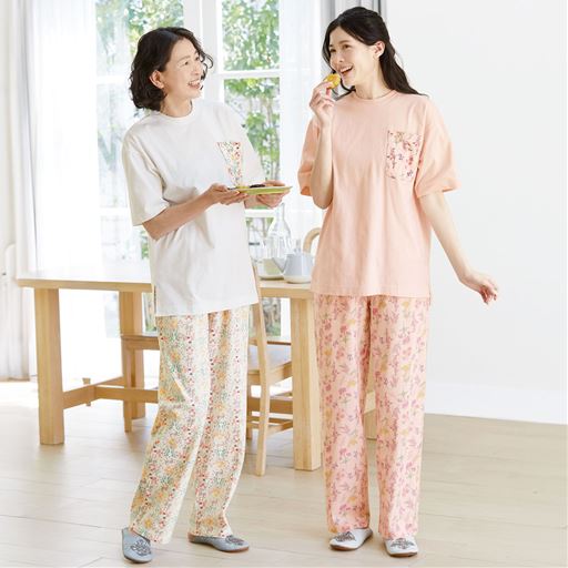 (左から)D(アイボリー系)、C(ピンク系) パンツ 着用例<br>※Tシャツ:NH-1201