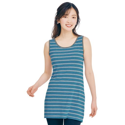 ボーダーA(ブルー系)【ロング丈】※レギュラー丈より約12cm丈を長くしています。<br>お客様のご要望にお応えし、もっと使いやすくリニューアルしました。(1)衿ぐりが広すぎず安心(2)ほどよい脇高設計で下着が見えにくい(3)ゆとりのある着用感