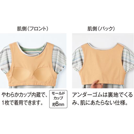 【肌側(フロント)】やわらかカップ内蔵で、1枚で着用できます。<br>【肌側(バック)】アンダーゴムは裏地でくるみ、肌にあたらない仕様。