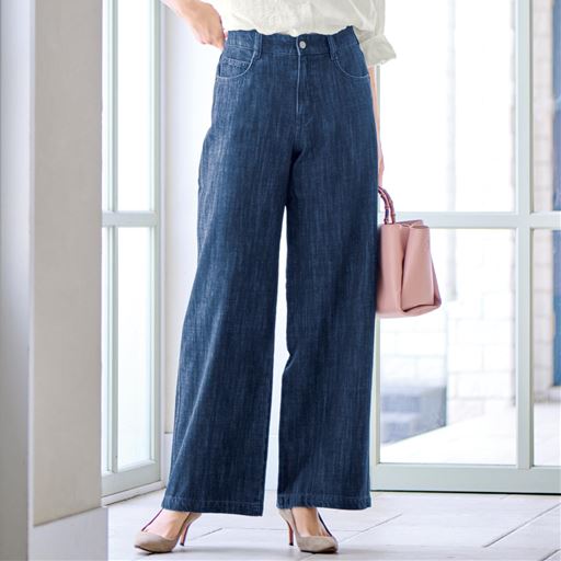 甘撚り素材でやわらかな着心地ワイドデニムパンツ(綿100%・生地日本製・洗濯機OK)