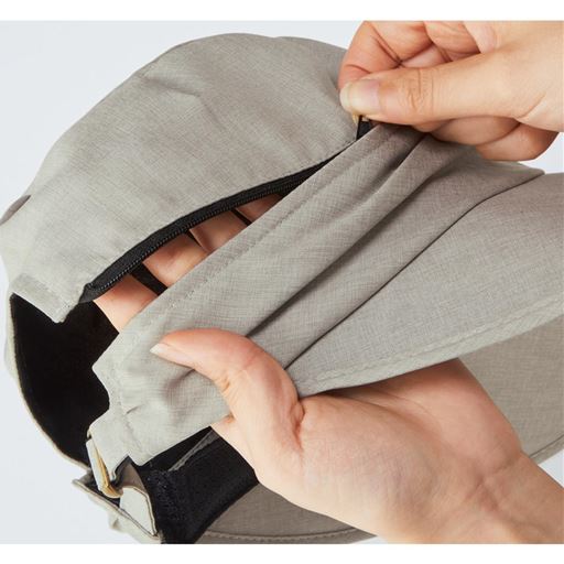 4.帽子上部はファスナー付きで取り外し可能。帽子にもサンバイザーにも