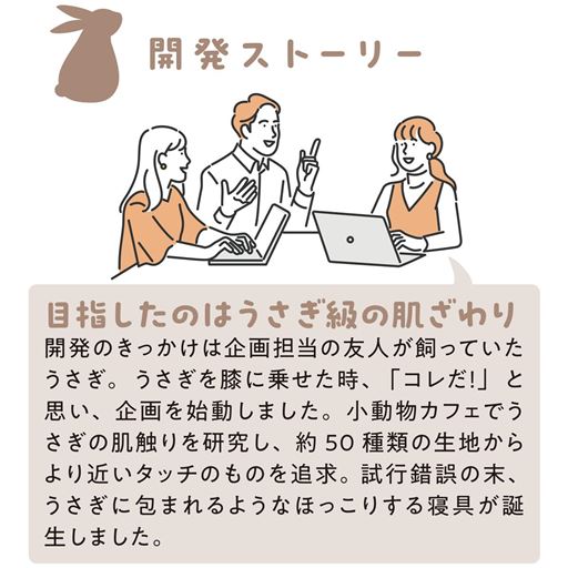 開発ストーリー 目指したのはうさぎ級の肌ざわり 開発のきっかけは企画担当の友人が飼っていたうさぎ。うさぎを膝に乗せた時、「コレだ!」と思い、企画を始動しました。小動物カフェでうさぎの肌触りを研究し、約50種類の生地からより近いタッチのものを追求。試行錯誤の末、うさぎに包まれるようなほっこりする寝具が誕生しました。