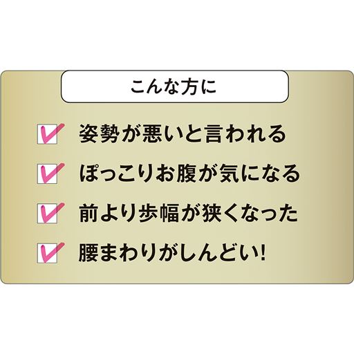 姿勢が悪いと言われる方、ぽっこりお腹が気になる方、前より歩幅が狭くなった方、腰まわりがしんどい方などにおすすめです。