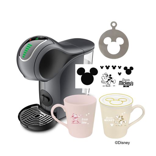 セット内容:ネスカフェドルチェグスト「ジェニオ エス タッチ」ブラック(スモークグレー)×1台<br>ミッキーデザインの各種アクセサリー(ペアマグカップ×1セット・コースター×1枚・ステンシルプレート×1枚・ステッカー×1セット)<br>※カプセルは付属しません