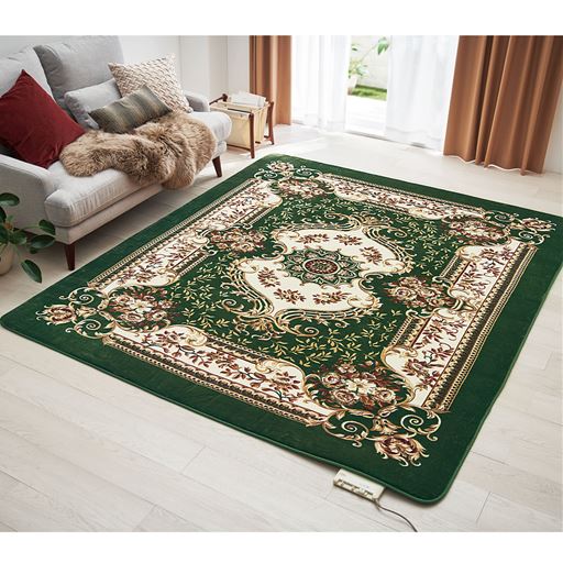 グリーン 横240×縦200cm<br>ボリュームたっぷりで華やかな立体柄が、お部屋をエレガントな印象に仕上げます。