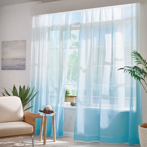 アクアブルー 幅100×丈228cm(2枚組) 涼を呼び込む透け感グラデーション まるで海辺にいるかのような爽やかブルー。