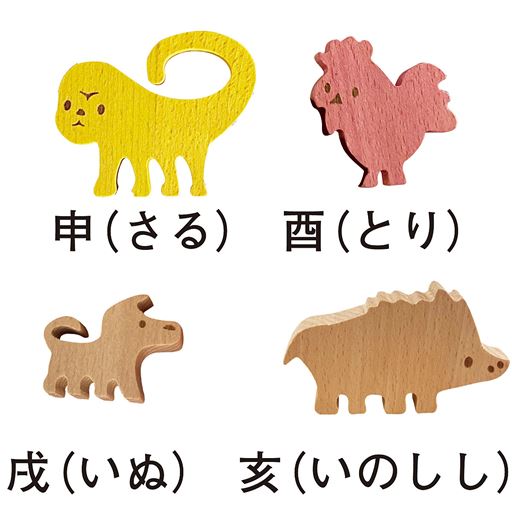 (左上から)申(さる) 酉(とり) 戌(いぬ) 亥(いのしし)