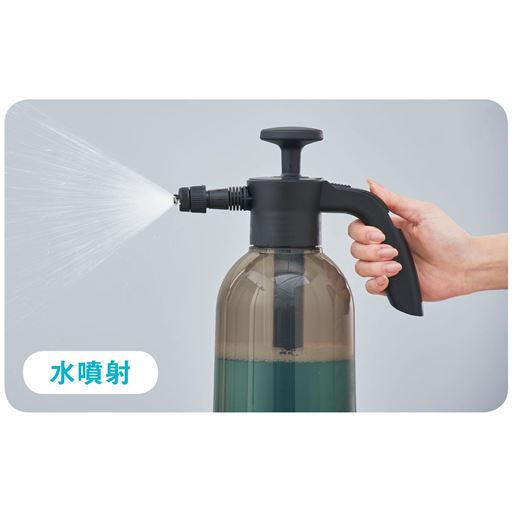 ボトルに水を入れて、ポンプを約20回上下し蓄圧。レバーをにぎると、ノズルから噴射します。