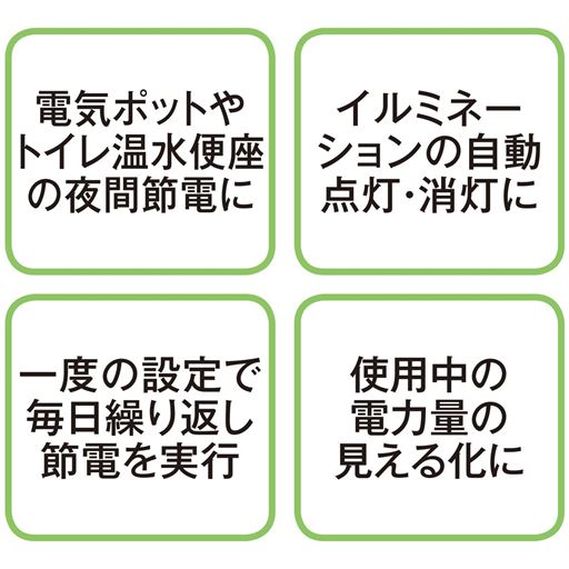 電気ポットやトイレ温水便座の夜間節電に イルミネーションの自動点灯・消灯に 一度の設定で毎日繰り返し節電を実行 使用中の電力量の見える化に