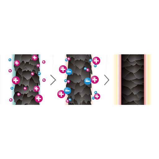 プラスとマイナスのイオンを交互に発生し、髪全体の静電気を除去し、まとまりある髪へ。