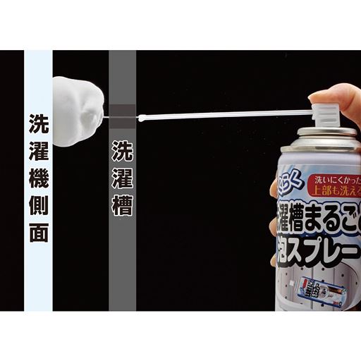 ストローを穴に差し込んでスプレーすると、洗濯槽裏の溜まった汚れに泡が密着。