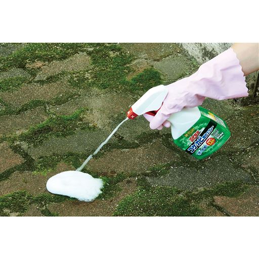 頑固なコケ、カビ汚れに泡が密着 ※イメージ