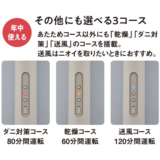 あたためコース以外にも「乾燥」「ダニ対策」「送風」のコースを搭載。送風はニオイを取りたいときにおすすめ。