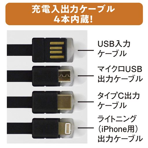 充電入出力ケーブル4本内蔵!