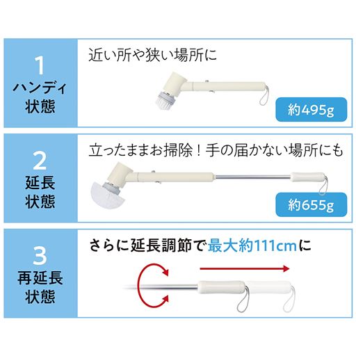 3段階の長さ調節が便利! 近くから天井までラクラクお掃除!