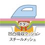 凹凸吸収構造の「ボタンプレスゾーン」は、ボタンが沈み込んで、上からきれいにアイロンがけできる仕組みです。