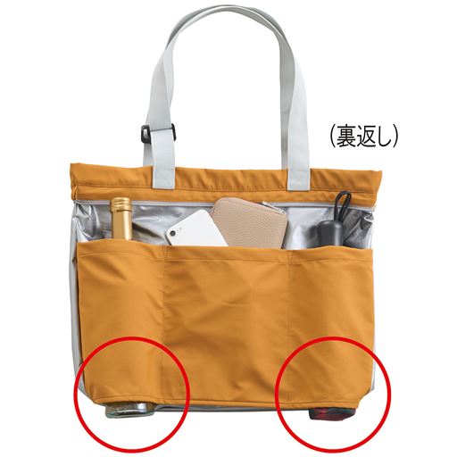 3つのマルチポケット 左右のポケットは底がオープンになっているのでボトルや折りたたみ傘を立てて入れられる仕様。