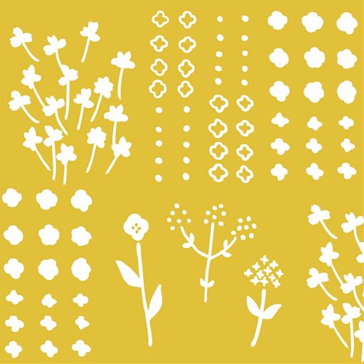 イエロー系(押し花)<br>野花を摘んで丁寧に並べた押し花のイメージを、落ち着いた黄色で表現。