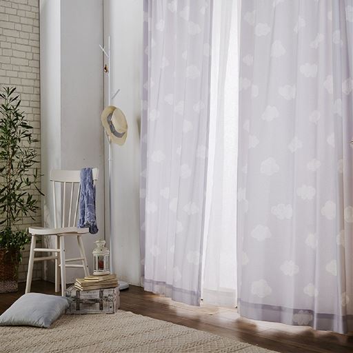 【形状記憶】雲柄プリントカーテン/光を通す非遮光・カジュアル・北欧風・キッズルーム