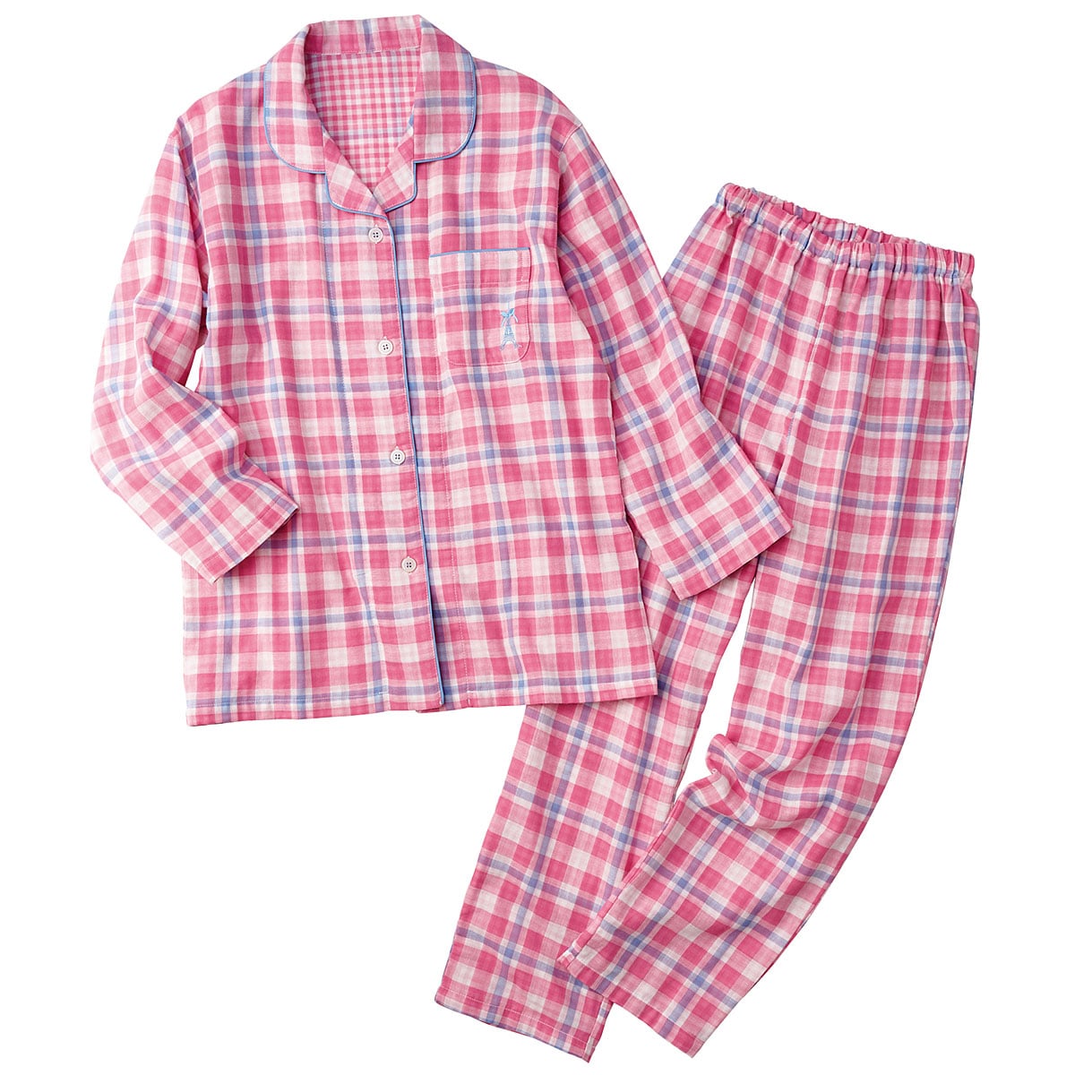 ◎新品　ダブルガーゼ　パジャマ　お揃い　チェック柄　M＆L　綿100%　ペア姉妹 ダブルガーゼ パジャマ 長袖 綿100％ レディース 秋 春 前開き
