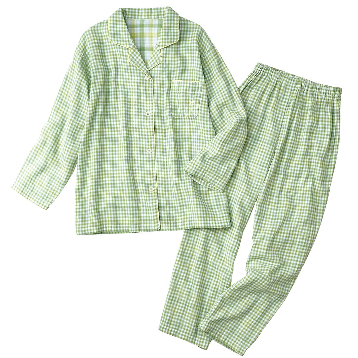 ◎新品　ダブルガーゼ　パジャマ　お揃い　チェック柄　M＆L　綿100%　ペア姉妹 人気のチェック柄シャツパジャマ(綿100%)(二重ガーゼ