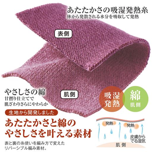 あたたかさの吸湿発熱糸体から発散される水分を吸収して発熱 やさしさの綿甘撚り仕立てで肌ざわりさらにやわらか 表側 肌側