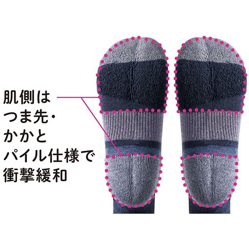 左右非対称設計で無理なくサポート。足裏肌側の点線部分はクッションパイルで衝撃を緩和、疲れにくい。
