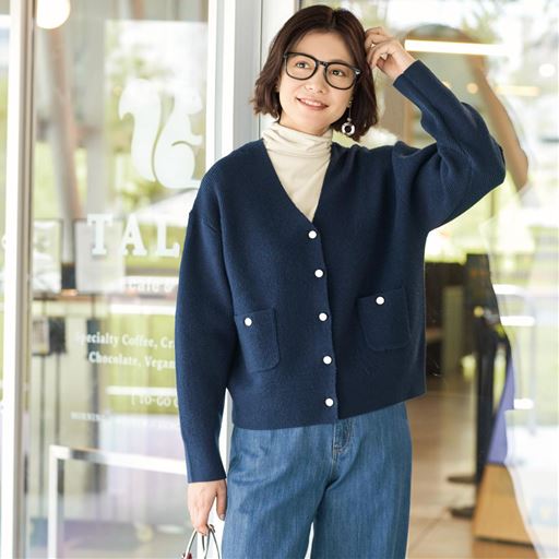 畦編みニットカーディガン