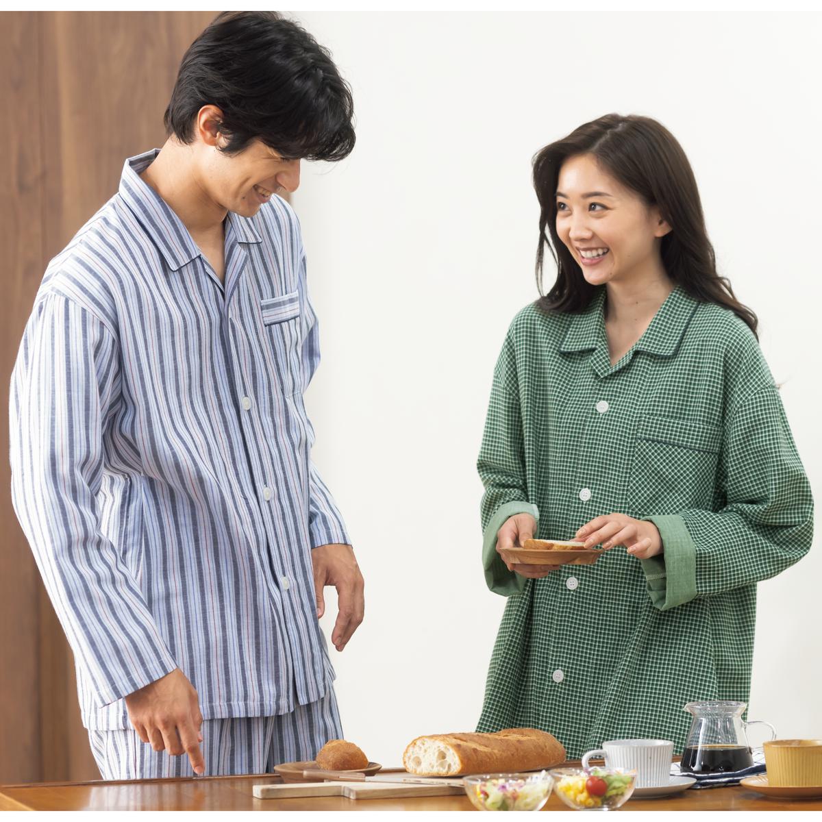 綿100%ダブルガーゼシャツパジャマ(男女兼用) - ファッション