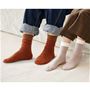 あたたかいのにムレにくく汗冷えしにくいファインメリノウール靴下。男女兼用です (左から)レンガ、ベージュ着用例