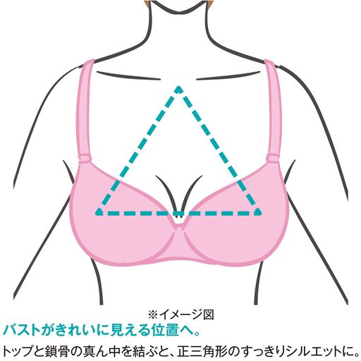 バストがきれいに見える位置へ。 トップと鎖骨の真ん中を結ぶと、正三角形のすっきりシルエットに。