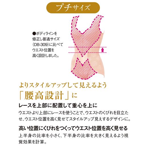 ［よりスタイルアップして見えるよう「腰高設計」に］<br>レースを上部に配置してウエストのくびれを目立たせ、ウエスト位置を高く見せてスタイルアップ見え。<br> 高い位置にくびれをつくってウエスト位置を高く見せるデザインに。