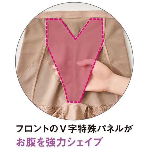 (フロント肌側)左右を縫い付けない仕様のV字特殊パネルがしっかりお腹をおさえます。